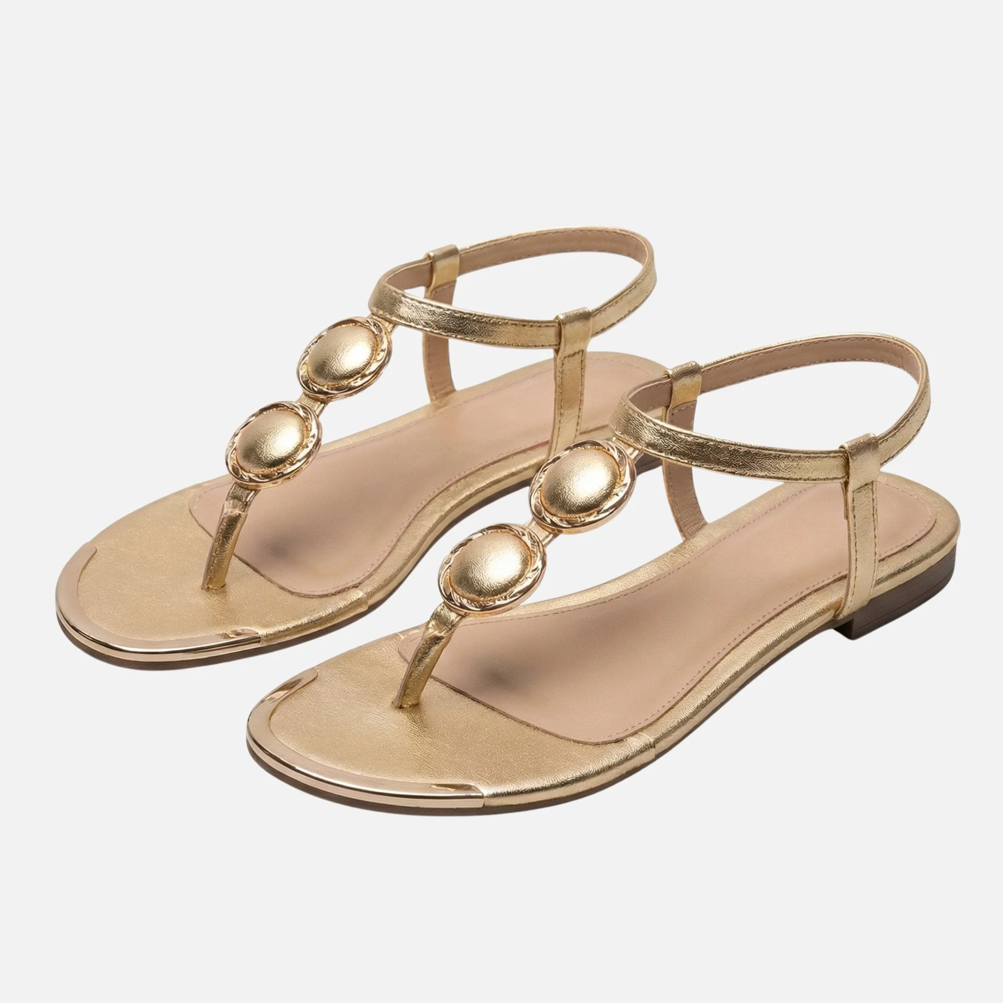Lena | Damen Strukturierte T-Riemen Sandalen Gold-Details – T-Steg Sandalen Gold - Image 9