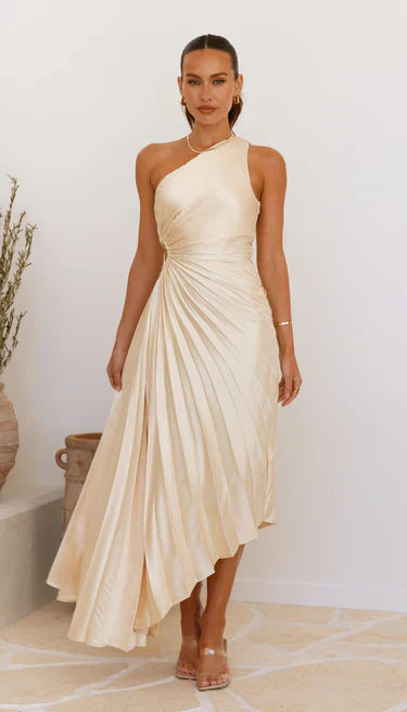 Sylviana - Ein-Schulter Plissiertes Midi-Kleid - Image 28