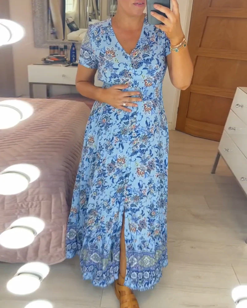 TESSA - LANGES GEMUSTERTES KLEID MIT KNOPFLEISTE