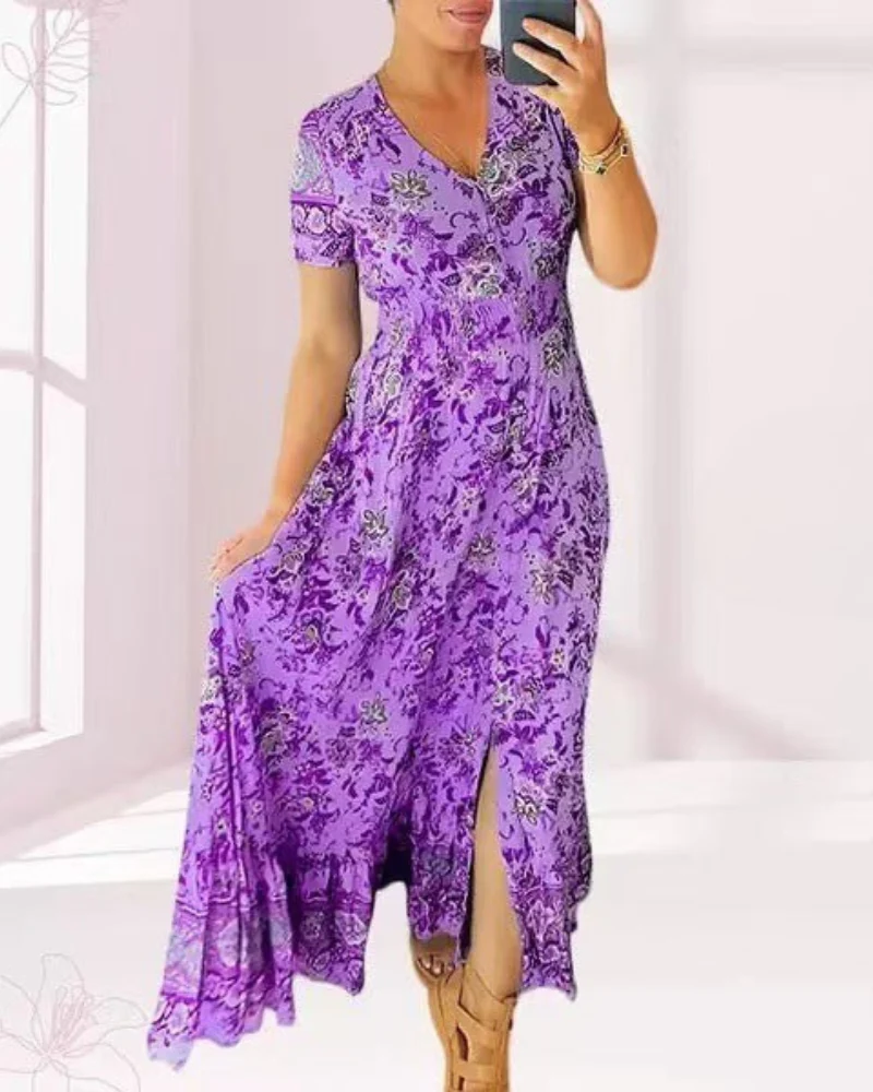 TESSA - LANGES GEMUSTERTES KLEID MIT KNOPFLEISTE - Image 10