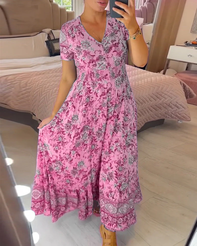 TESSA - LANGES GEMUSTERTES KLEID MIT KNOPFLEISTE - Image 3