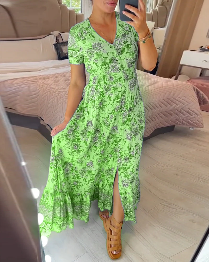 TESSA - LANGES GEMUSTERTES KLEID MIT KNOPFLEISTE - Image 4