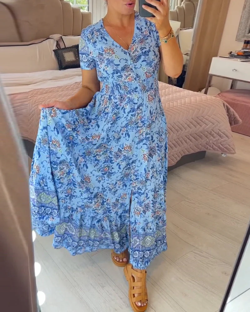 TESSA - LANGES GEMUSTERTES KLEID MIT KNOPFLEISTE - Image 5
