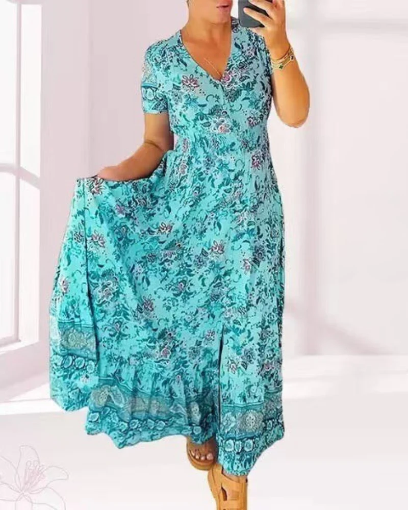 TESSA - LANGES GEMUSTERTES KLEID MIT KNOPFLEISTE - Image 8