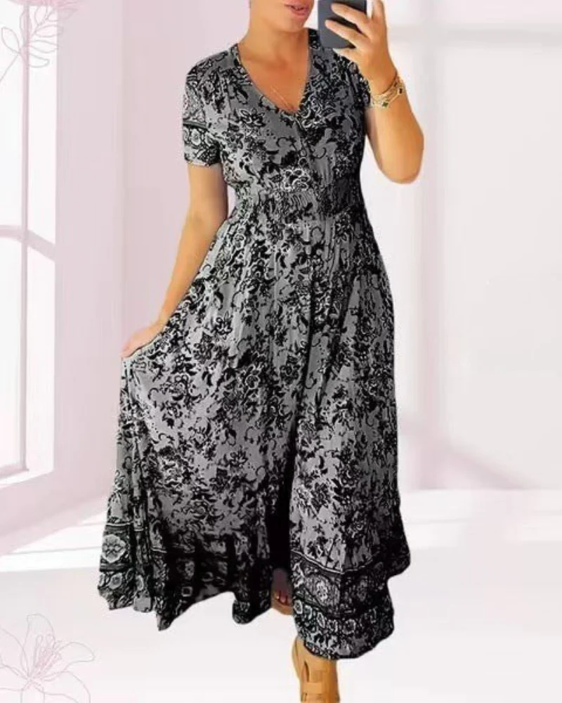 TESSA - LANGES GEMUSTERTES KLEID MIT KNOPFLEISTE - Image 9