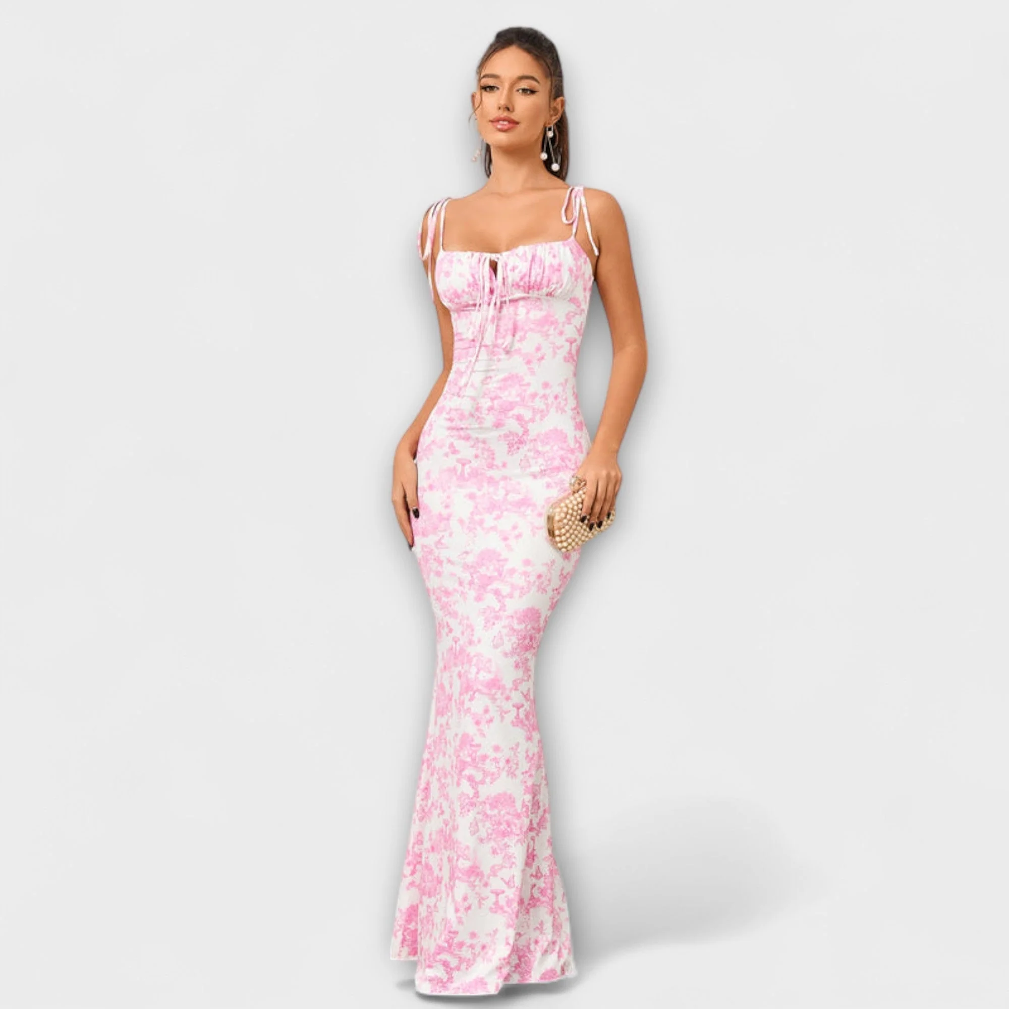 Thalia - Floral Print Prom Dress with Tied Shoulder Straps - Image 5