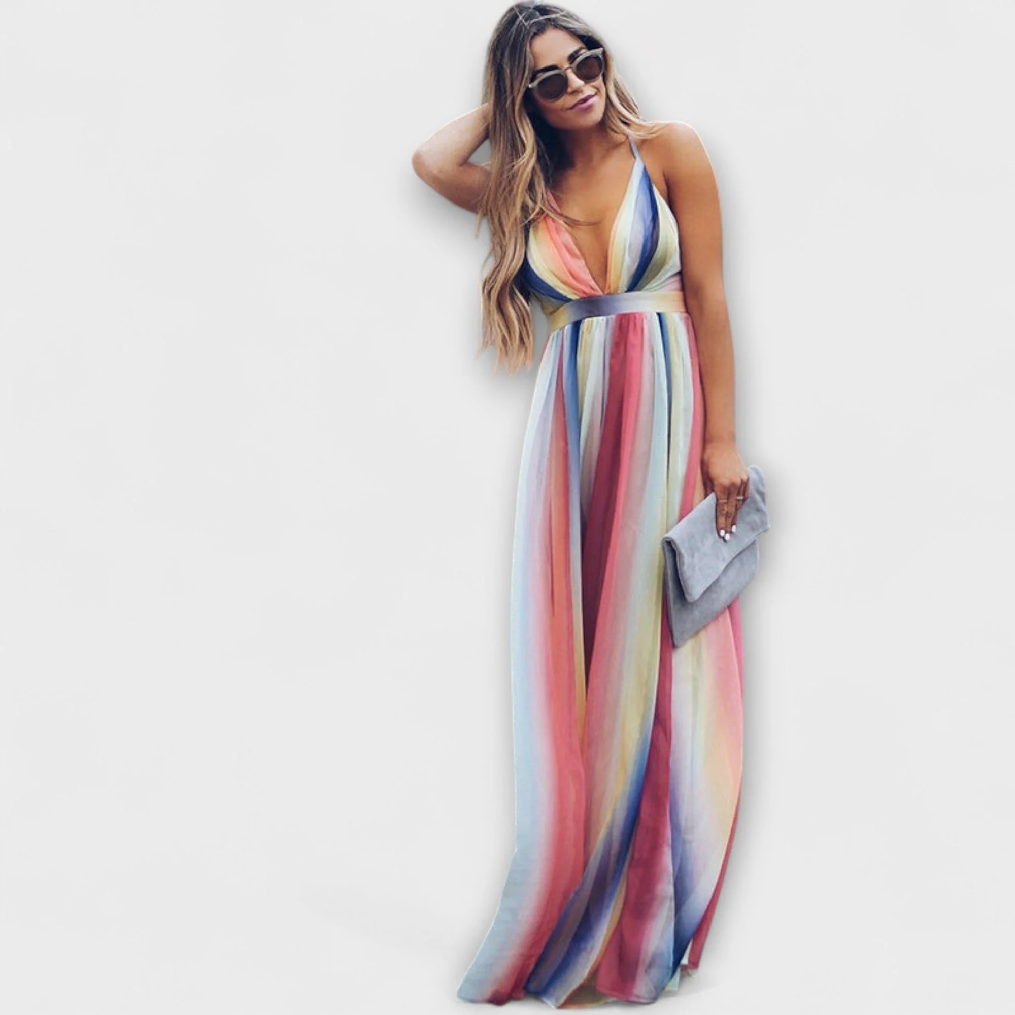 V-Neck Multicolored Striped Dress for Women