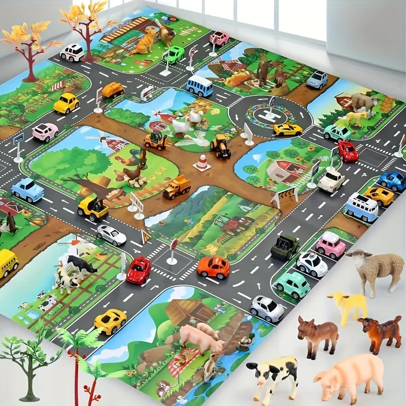 VibrantPlay | Interaktive Spielmatte für Kinder – Farbenfrohes Bauernhof- und Verkehrsmotiv