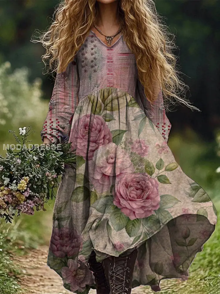 Vintage Chic V-Neck Cotton Midi Dress with Retro Boho Floral Pattern