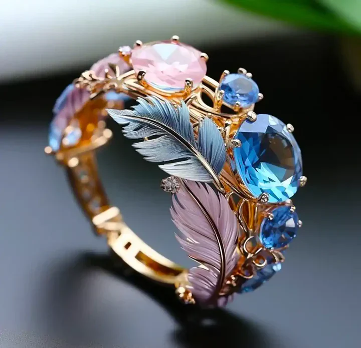 Vintage Exotische Feder Kristall Ring