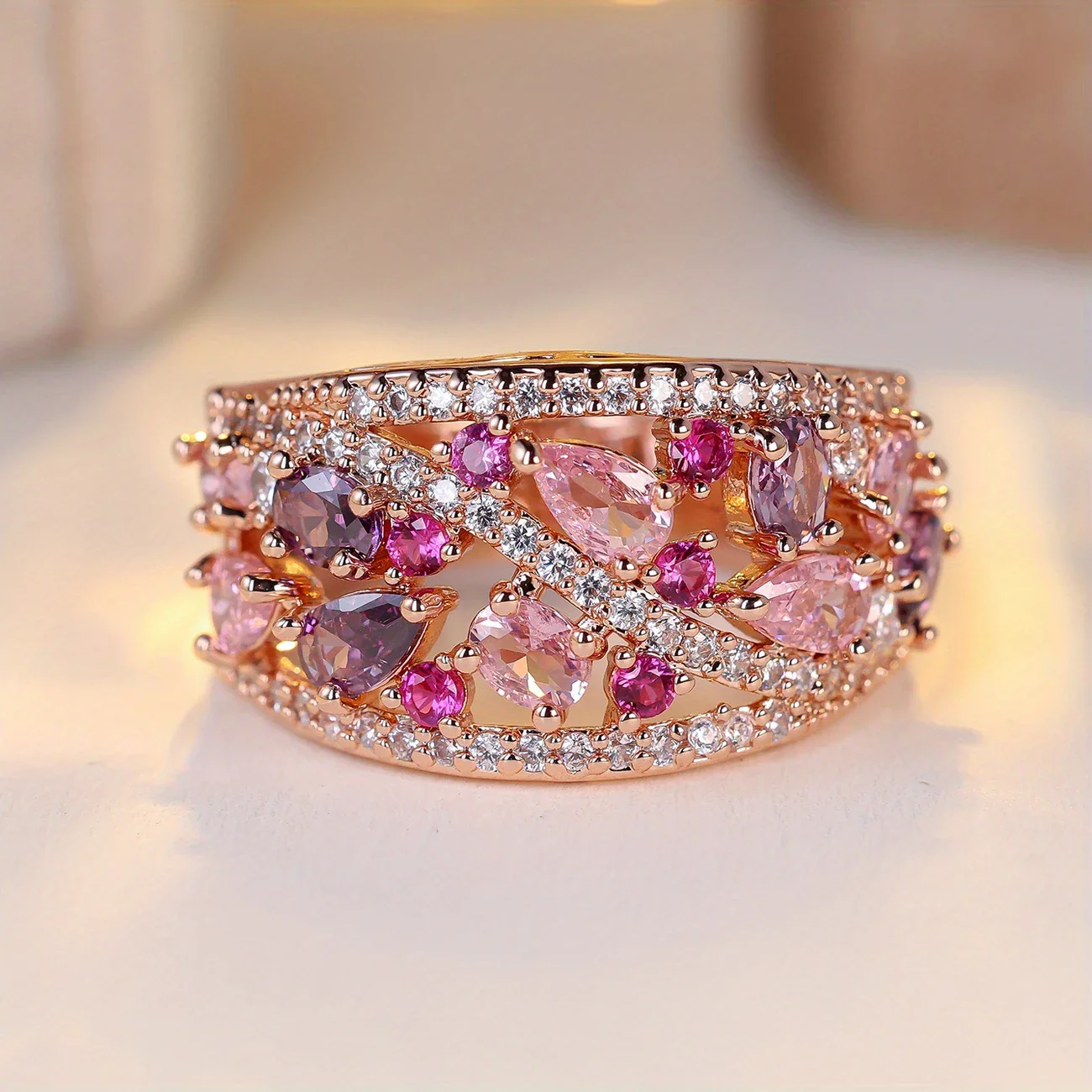 Vintage Rosa Kristall Blumen Ring