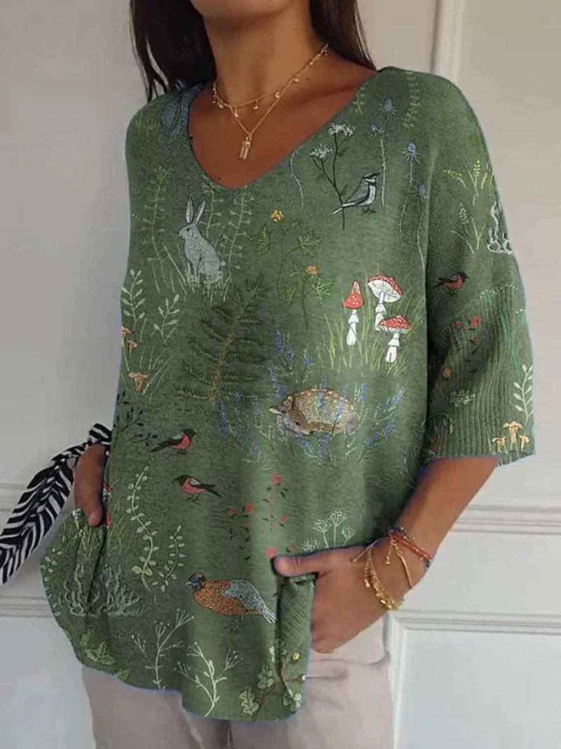 Vivien® | Wald- und Tiermotiv wiederholendes Muster bedruckter Damen Freizeitpullover Strick