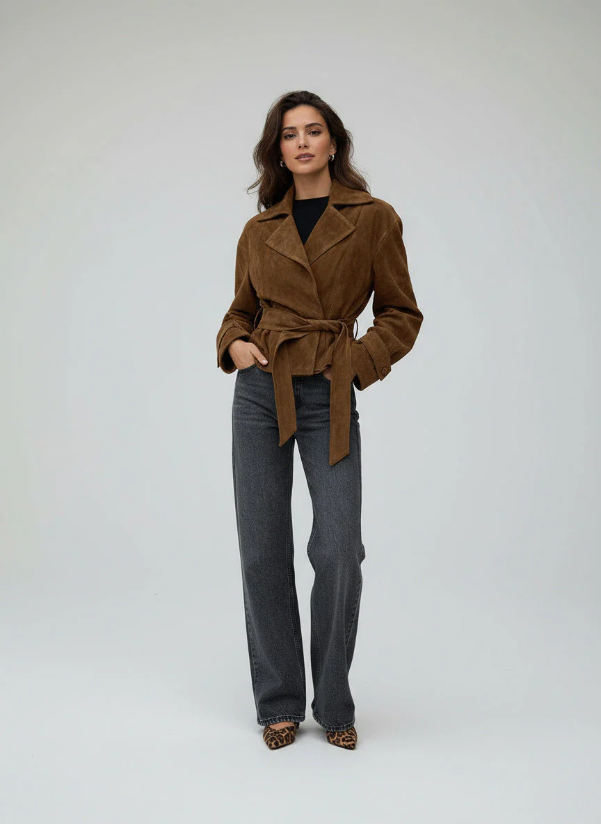Vydra | Damen Wickelmantel Wildleder Braun Mit Bindegürtel - Image 12