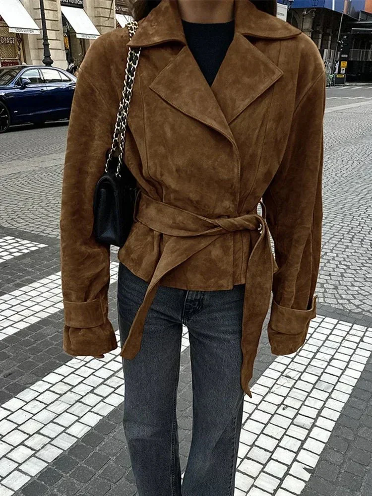 Vydra | Damen Wickelmantel Wildleder Braun Mit Bindegürtel - Image 8