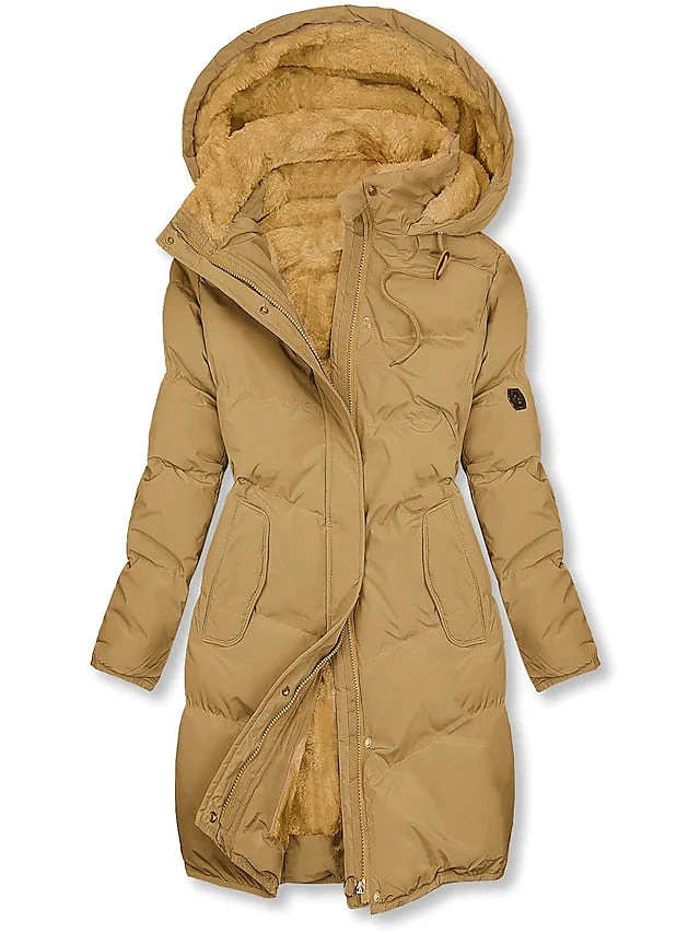 Winterjacke Damen Gefüttert Mit Kapuze | Lang Mit Reißverschluss und Knöpfen - Image 3
