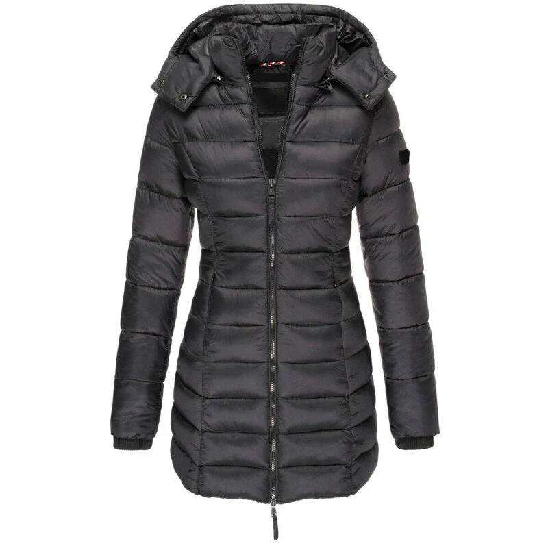 Winterjacke Damen Gefüttert Mit Kapuze | Lang Mit Reißverschluss und Taschen - Image 5
